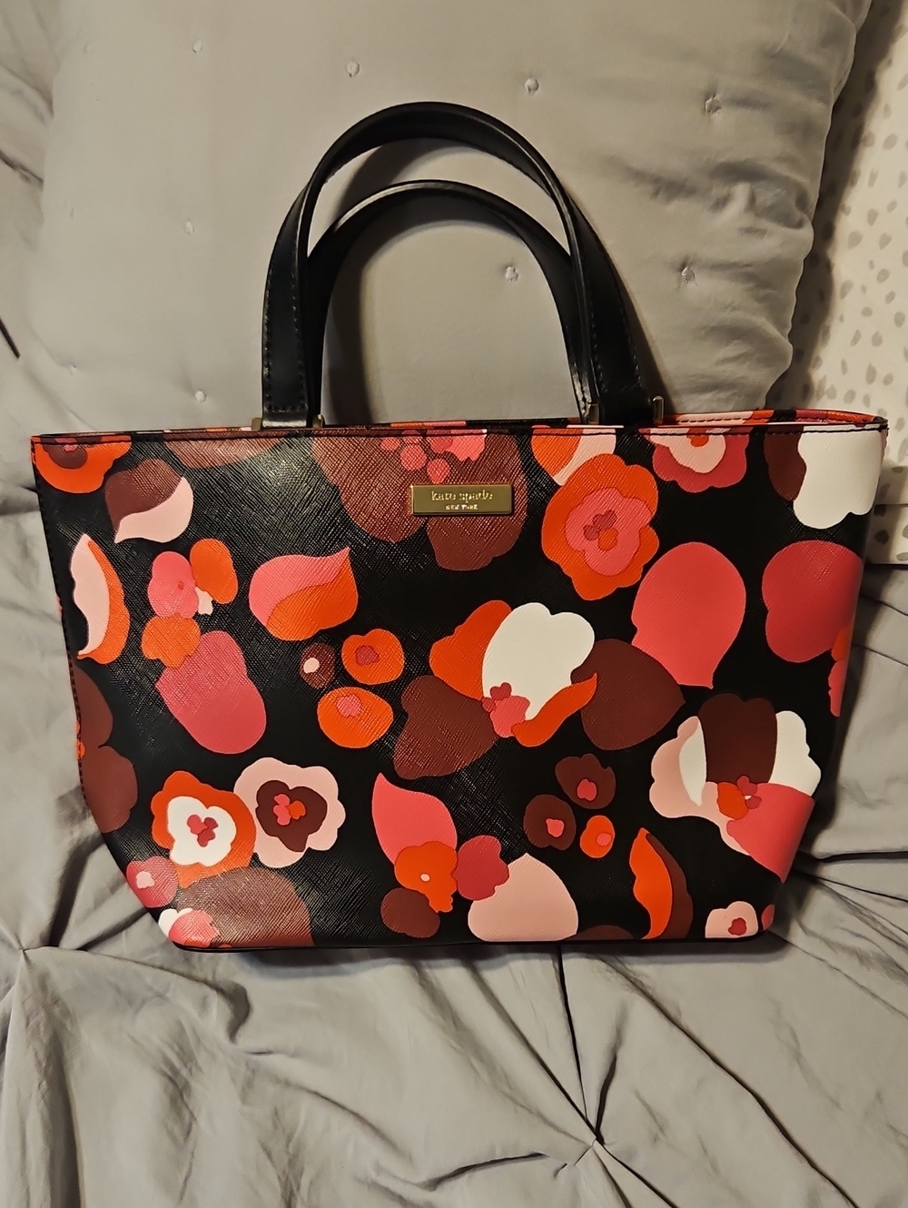 kate spade Black Floral Print Tote with Pink, Red & Orange Accents